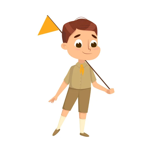 Lindo niño explorador con bandera, personaje del niño explorador en uniforme, actividades de vacaciones de verano Concepto Dibujos animados Estilo Vector Ilustración — Archivo Imágenes Vectoriales