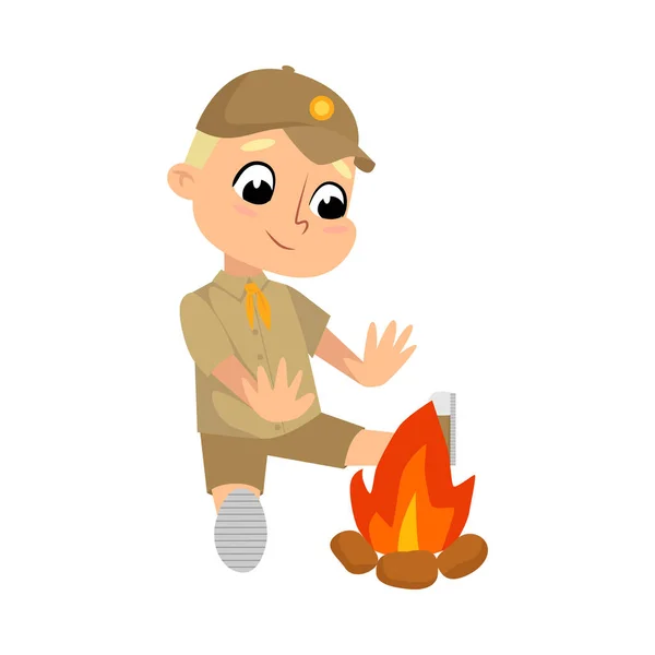 Scout Boy Sitting near Bonfire, Cute Scouting Elementary School Child Character in Uniform, Summer Holiday Activities Concept Cartoon Style Vector Illustration — Stock Vector