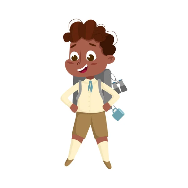 Scout Boy Character with Backpack, Cute Scouting African American Child w mundurze, Summer Holiday Activities Concept Cartoon Style Wektor Ilustracja — Wektor stockowy