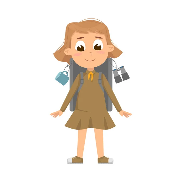Linda chica exploradora con mochila, personaje del niño explorador en uniforme, actividades de vacaciones de verano Concepto Estilo de dibujos animados Vector Ilustración — Vector de stock