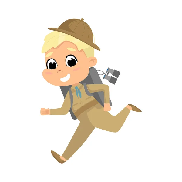 Scout Boy Running with Backpack, Cute Scouting 초등 학교 아이 캐릭터 in Uniform, Summer Holiday Activities Concept Cartoon Style Vector Illustration — 스톡 벡터