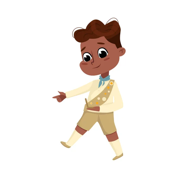 Carácter de niño explorador, lindo niño afroamericano explorador en uniforme, vacaciones de verano Actividades Concepto Dibujos animados Estilo Vector Ilustración — Archivo Imágenes Vectoriales