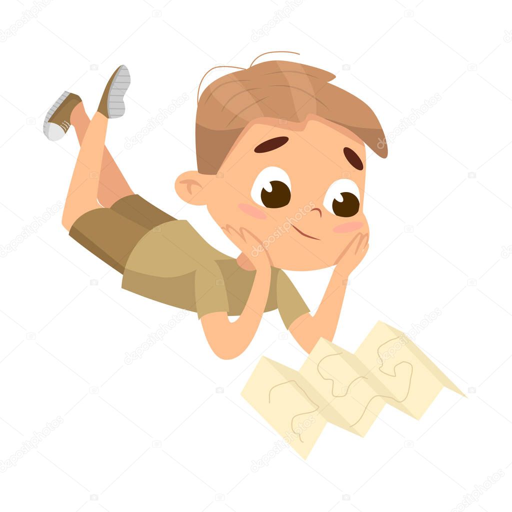 Scout Boy Lying on Ground Looking at Map, Cute Scouting Elementary School Child Character in Uniform, Summer Holiday Activities Concept Cartoon Style Vector Illustration