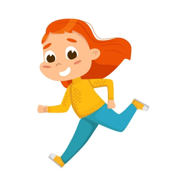 Cute Happy Girl Running, uśmiechnięty dzieciak gra na zewnątrz Styl kreskówki Wektor ilustracji — Wektor stockowy