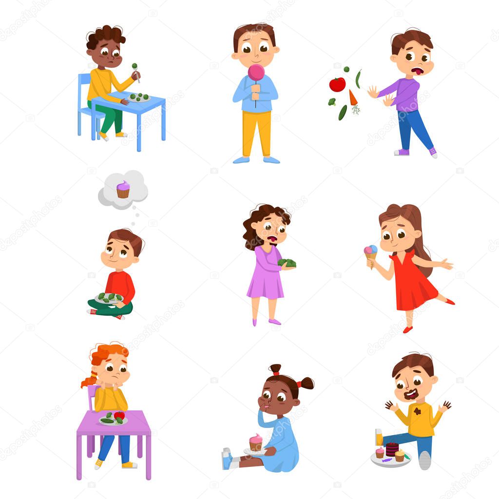 Kids Choosing Between Healthy and Unhealthy Food Set, Boys and Girls Refusing to Vegetables and Enjoying of Eating Sweet Desserts Cartoon Style Vector Illustration