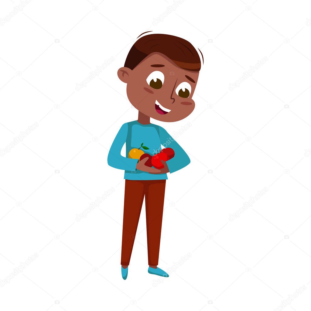 Cute African American Boy Collecting Ripe Apples, Smiling Kid Harvesting in Autumn Season Cartoon Style Vector Illustration