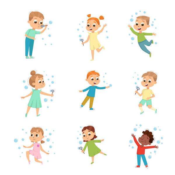 Cute Boys and Girls Blowing Soap Bubbles Set, Adorable Children Having Fun with Soap Bubbles, Kids Leisure, Hobby Game Cartoon Style Vector Illustration