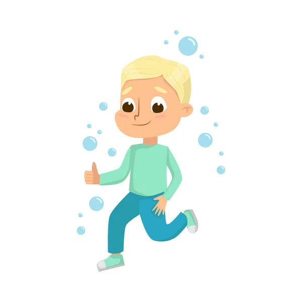 Roztomilý malý blondýnka chlapec hrát s mýdlo bubliny, děti volný čas, venkovní hobby hra karikatura styl vektorové ilustrace — Stockový vektor