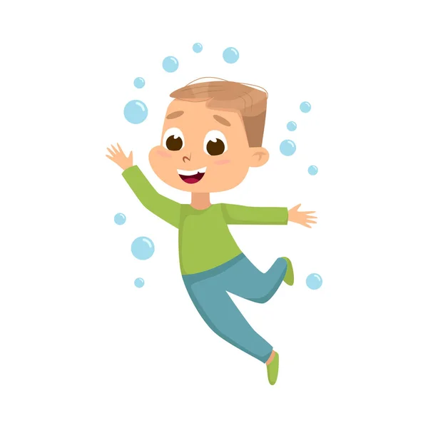 Cute Boy Having Fun with Soap Bubbles, Kids Leisure, Outdoor Hobby Game Cartoon Style Vector Illustration — Stock Vector