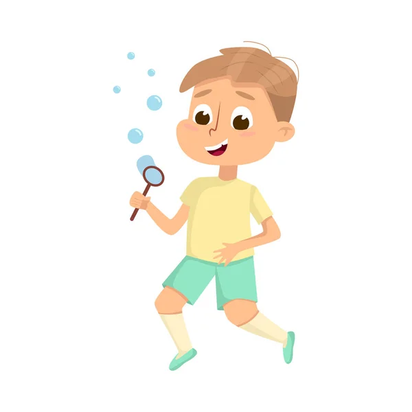 可爱的男孩通过魔杖吹肥皂泡，可爱的小男孩有一个有趣的卡通风格的矢量图解 — 图库矢量图片