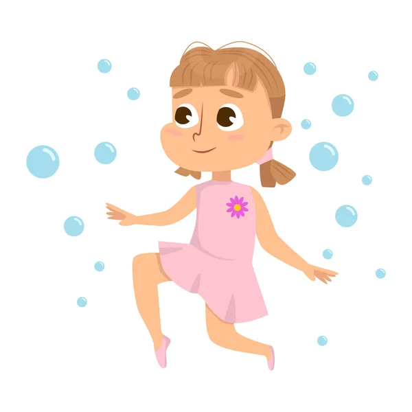 Lovely Girl having Fun with Soap Bubbles, Kids Szabadidő, Kültéri hobbi játék Cartoon Style Vector Illusztráció — Stock Vector