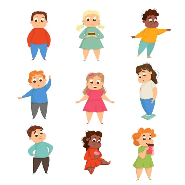 Übergewichtige Mädchen und Jungen, fröhliche mollige Kinder, die Sport treiben und Fast Food essen Cartoon Style Vector Illustration — Stockvektor