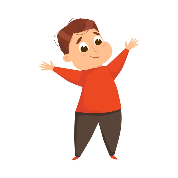 Толстый пухлый мальчик, веселый толстый нездоровый ребенок персонаж делая спортивные упражнения Мультфильм стиль вектор иллюстрации — стоковый вектор