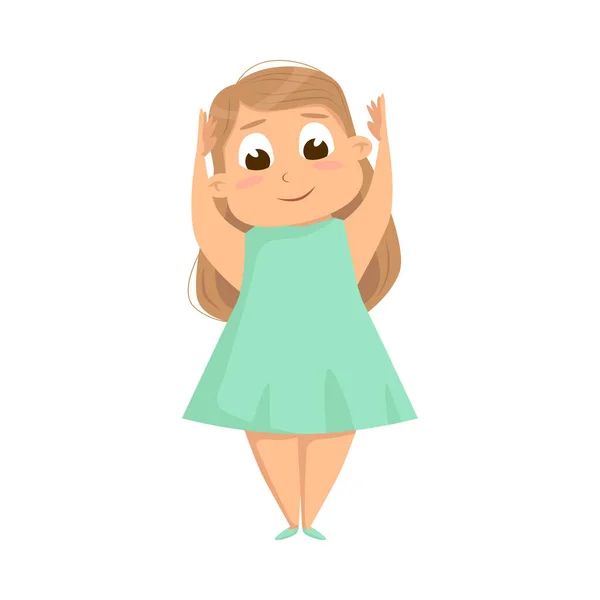 Sobrepeso rubia gordito chica, alegre regordeta chica carácter usar verde vestido de dibujos animados estilo vector ilustración — Archivo Imágenes Vectoriales