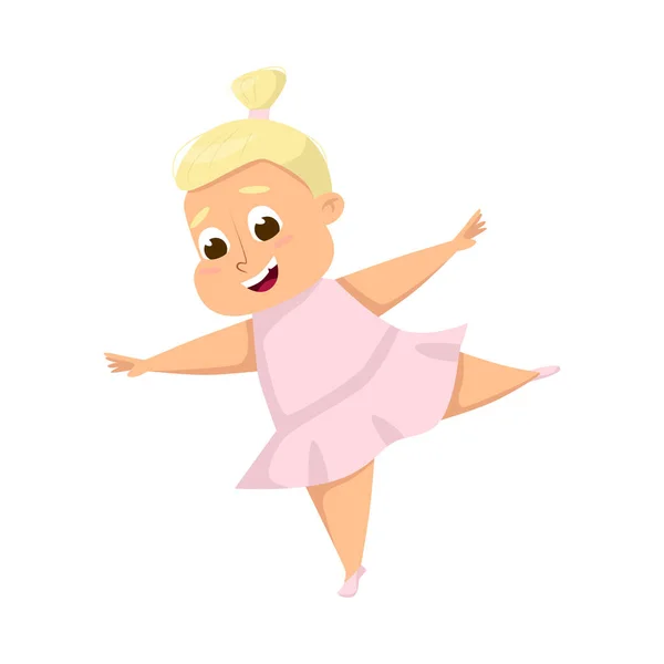 Happy Overweight Chubby Girl, Cheerful Blonde Plump Kid Character in Pink Dress Cartoon Style Vector Illustration — Stock Vector