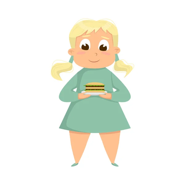 Sobrepeso gordinha menina comer hambúrguer, alegre gordo personagem criança insalubre com fast food refeição estilo desenho animado vetor ilustração —  Vetores de Stock
