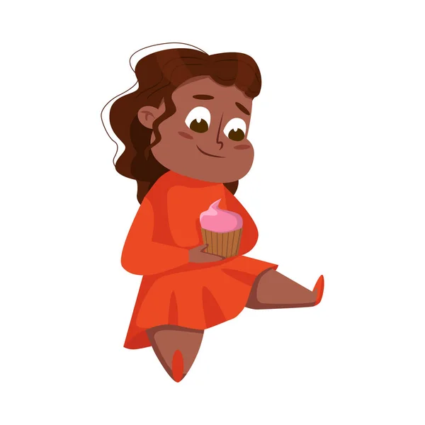 Şişman Tombul Kız Kek Yiyor, Neşeli Şişko Sağlıksız Çocuk Karakteri Çizgi Film Stili Vektör Çizimi — Stok Vektör
