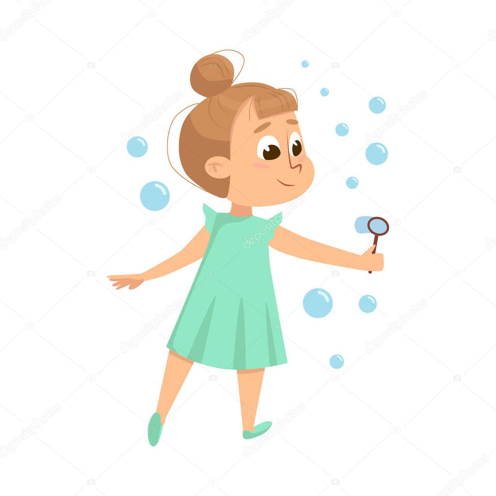 Lovely Girl Blowing Soap Bubbles, Cute Kid Wearing Green Dress Having Fun with Soap Bubbles Cartoon Style Vector Illustration