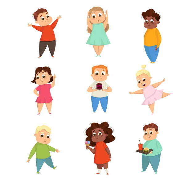 Nadváha buclaté dívky a chlapci, roztomilé baculaté děti postavy dělat sportovní cvičení a jíst Fast Food Cartoon styl vektorové ilustrace — Stockový vektor