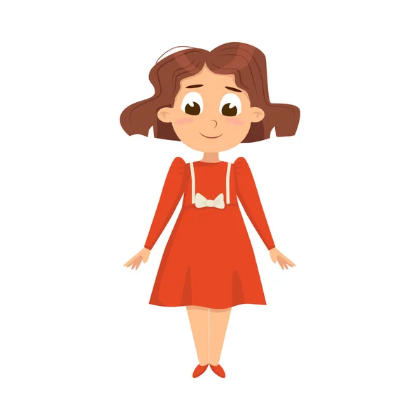 Красивая маленькая девочка в элегантном красном платье, милый ребенок носит ретро Одежда Мультфильм стиль вектор иллюстрации — стоковый вектор
