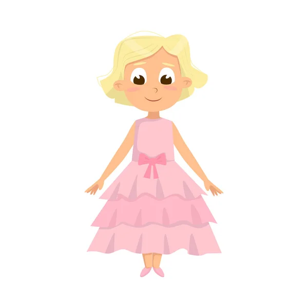 Belle petite fille blonde dans une robe rose élégante, mignon enfant portant de beaux vêtements rétro Illustration vectorielle de style dessin animé — Image vectorielle