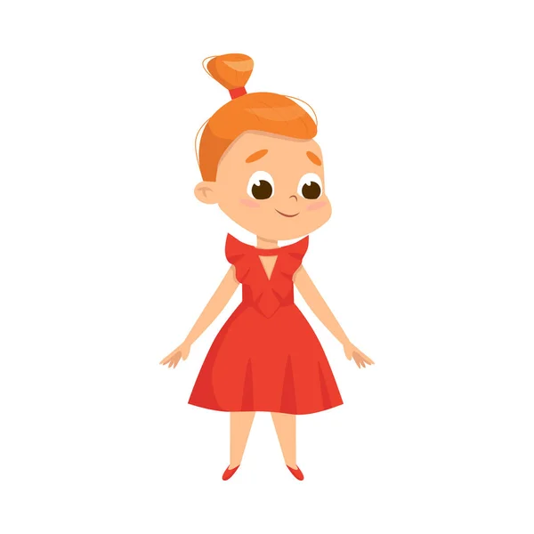 Красивая рыжая маленькая девочка в элегантном красном платье, симпатичный ребенок носит красивую одежду Мультфильм стиль вектор иллюстрация — стоковый вектор