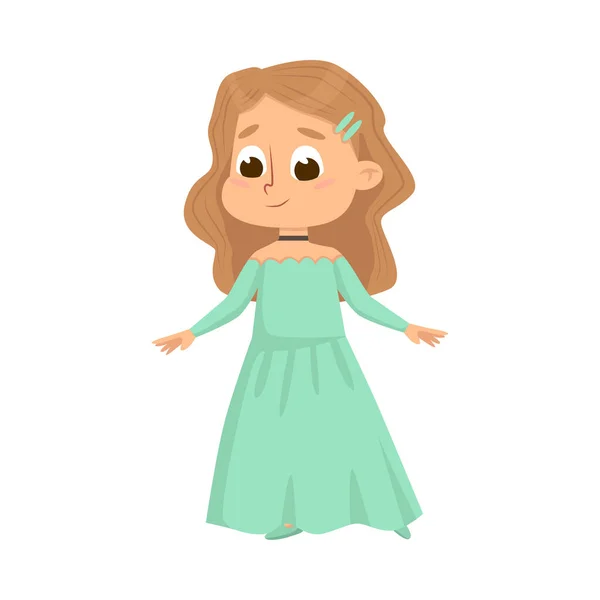 Schöne kleine Mädchen im eleganten grünen Kleid, niedliches Kind trägt Retro schöne Kleidung Cartoon-Stil Vektor Illustration — Stockvektor