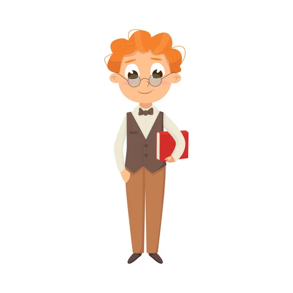 ( 영어 ) Cute Intelligent Boy in Elegant Clothes Standing with Book, Education and Knowledge Concept Cartoon Style Vector Illustration — 스톡 벡터