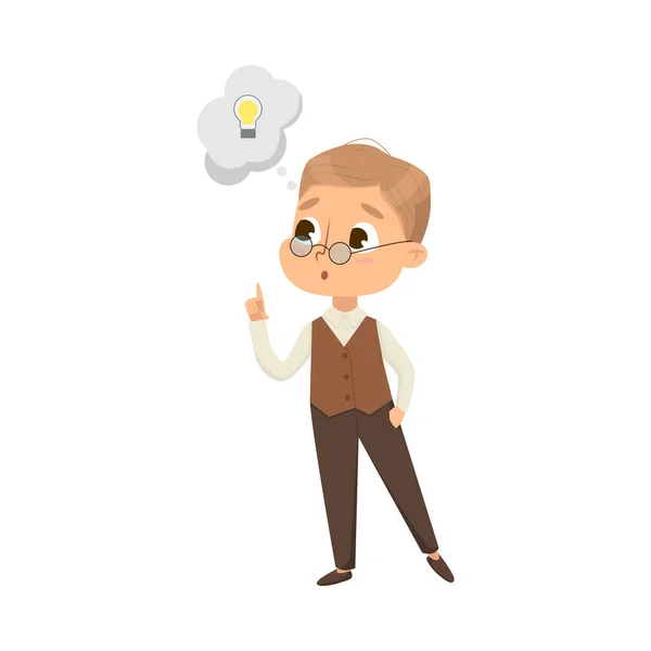 Cute Intelligent Boy in Glasses Having Idea, Education and Knowledge Concept Cartoon Style Vector Illustration — Stock Vector
