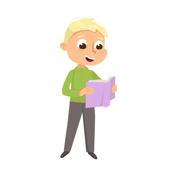 Cute Intelligent Boy Reading Book, Education and Knowledge Concept Cartoon Style Vector Illustration — 스톡 벡터