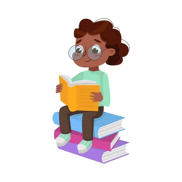 Cute Intelligent African American Girl in Glasses Sitting on Pile of Books and Reading, Education and Knowledge Concept Cartoon Style Vector Illustration — Stock Vector