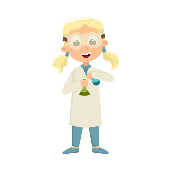 Linda chica inteligente en la capa de laboratorio haciendo experimento químico, educación y conocimiento concepto de dibujos animados estilo Vector ilustración — Archivo Imágenes Vectoriales
