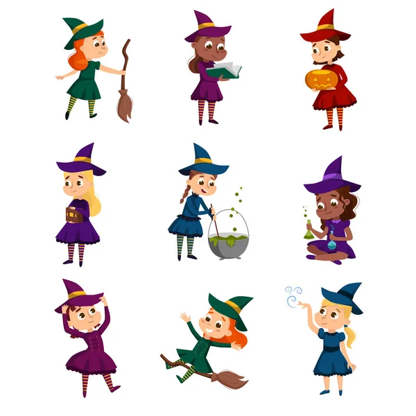 Little Witches Set, roztomilé dívky v šatech a klobouku Praktické čarodějnictví karikatura styl vektorové ilustrace — Stockový vektor