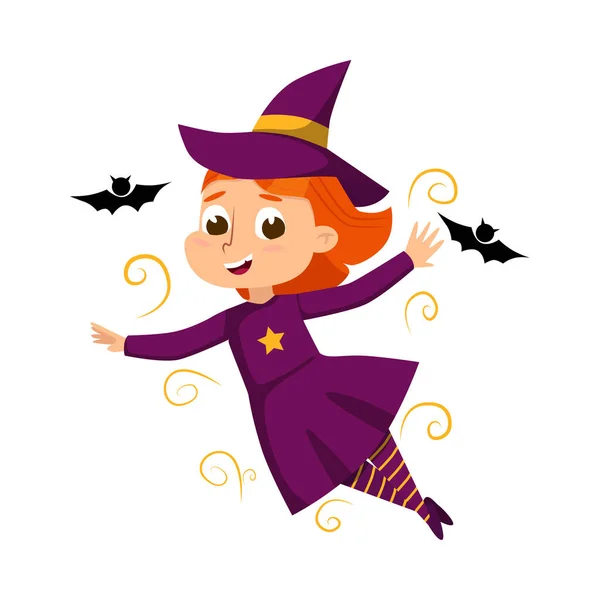 小女巫与蝙蝠的飞行，可爱的女孩穿着紫色衣服和帽子练习巫术漫画风格的病媒图解 — 图库矢量图片