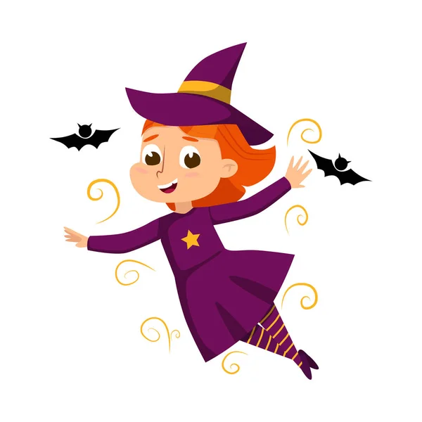 Little Witch Flying with Bats, Cute Girl Wearing Purple Dress and Hat Practicing Witchcraft Cartoon Style Vector Illustration — Illustration Little Witch Flying with Bats, Cute Girl Wearing Purple Dress and Hat Practicing Witchcraft Cartoon Style Vector Illustration — Stock Vector