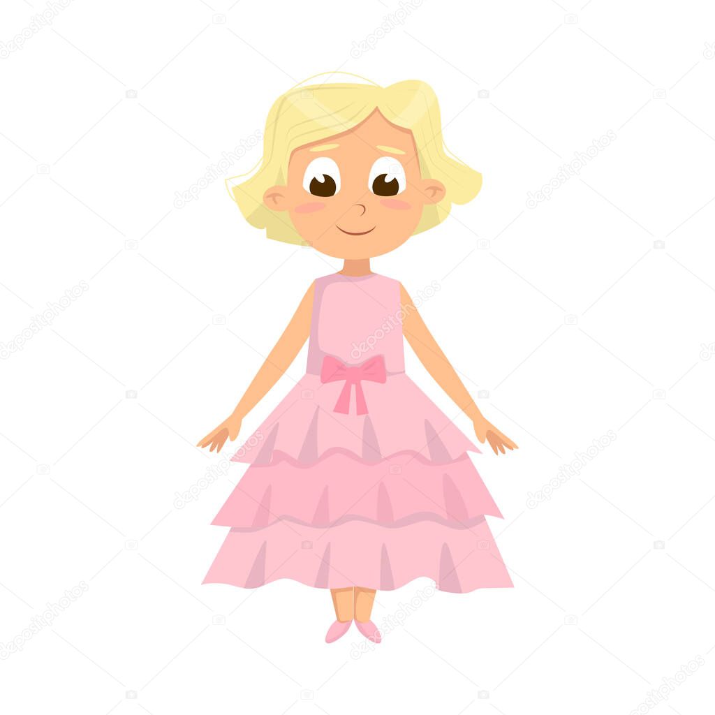 Beautiful Blonde Little Girl in Elegant Pink Dress, Cute Kid Wearing Nice Retro Clothes Cartoon Style Vector Illustration