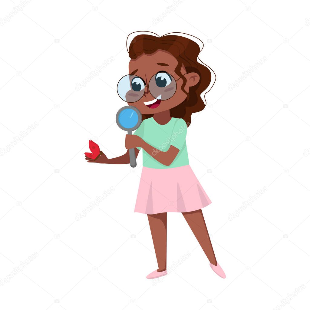 Cute Intelligent African American Girl Examining Butterfly through Magnifying Glass, Education and Knowledge Concept Cartoon Style Vector Illustration