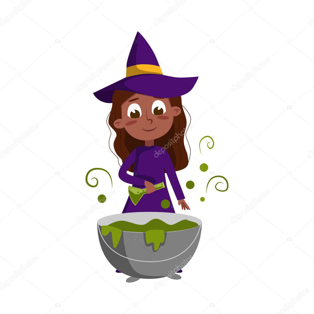 Little Witch Brewing Potion in Cauldron, Cute Girl Wearing Purple Dress and Hat Practicing Witchcraft Cartoon Style Vector Illustration