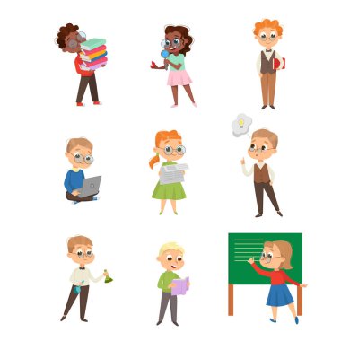 Sevimli Zeki Çocuklar Kitap Okuma ve Okuma Seti, Eğitim ve Bilgi Çizgi Film Biçimi Vektör İllüstrasyonu