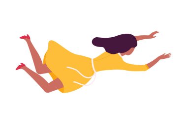 Hayalinde Yüzen Güzel Kız, Rüyada Uçan Sarı Elbiseli Genç Kadın ya da Gökyüzü Düz Stil Çizimi