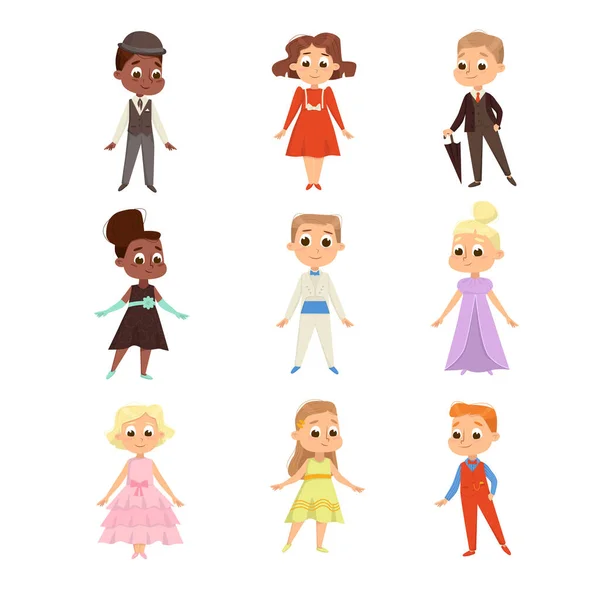Cute Kids in Elegant Clothes Set, mali chłopcy i dziewczęta w Retro ładne ubrania wektor stylu kreskówek ilustracji — Wektor stockowy