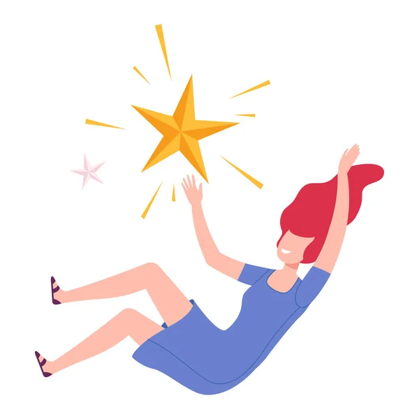 Meisje zweven in verbeelding droom, jonge vrouw vliegen in de hemel met ster platte stijl vector illustratie — Stockvector