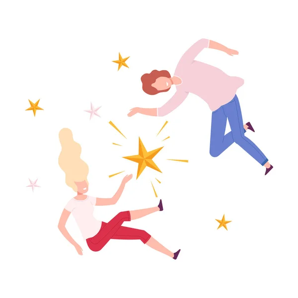 Paar vliegen in de lucht, man en vrouw zweven in dromen platte stijl vector illustratie — Stockvector