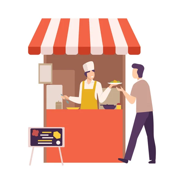 Man Buying Food from Stall on Street, Lazer ao ar livre, Festival de comida de rua Conceito de estilo plano Vector Ilustração — Vetor de Stock