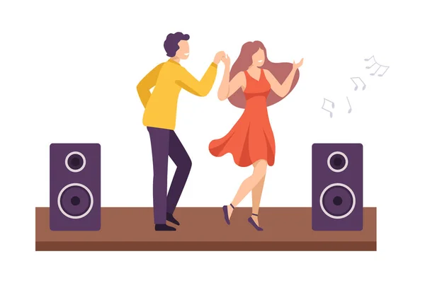 ( 영어 ) Young Man and Woman Dancing together at Party, Outdoor Concert Flat Style Vector Illustration — 스톡 벡터