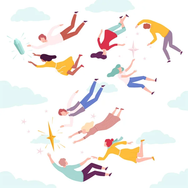 Pessoas voando no céu set, homens e mulheres flutuando na imaginação sonhos vestindo roupas casuais estilo plano vetor ilustração — Vetor de Stock