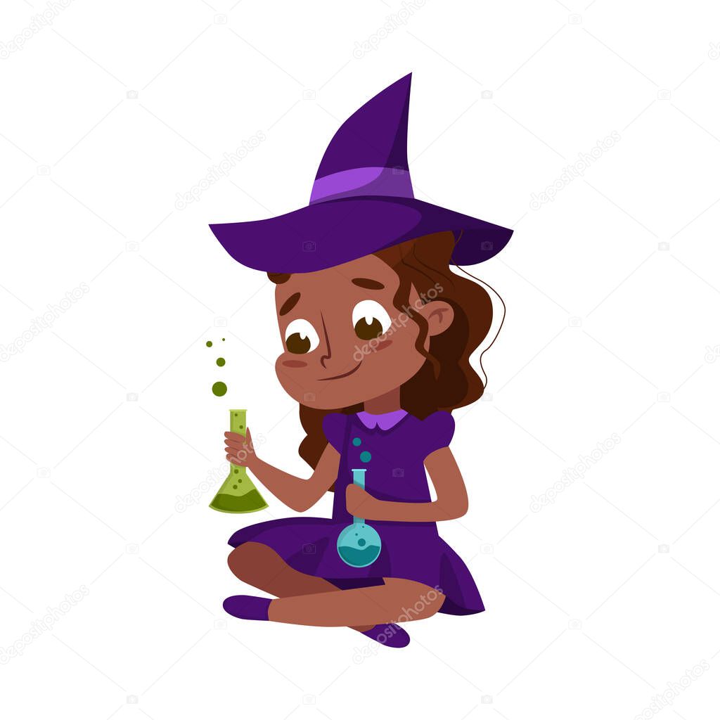 Little Witch Holding Bottles with Potion, Cute Girl Wearing Purple Dress and Hat Practicing Witchcraft, Happy Halloween Concept Cartoon Style Vector Illustration