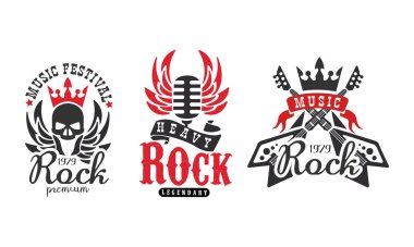 Rock Premium Logo Şablonları Seti, Efsanevi Müzik Festivali Retro Etiket Vektör İllüstrasyonu