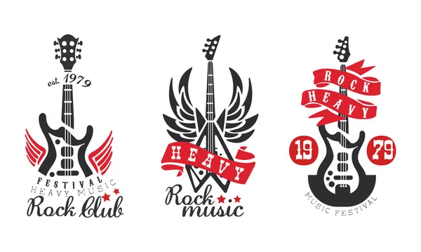 Rock Club Logo Templates Set, Heavy Rock Music Festival Retro Labels Vector Illustration — Stock Vector