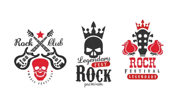 Rock Club Logo Templates Set, Leggendario Rock Music Fest Retro Labels Vector Illustration — Vettoriale Stock